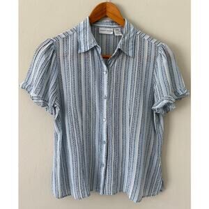Vintage Silk Blouse size L Blue Stripes Ruffle Puff Sleeves Soft Girl Career Y2K